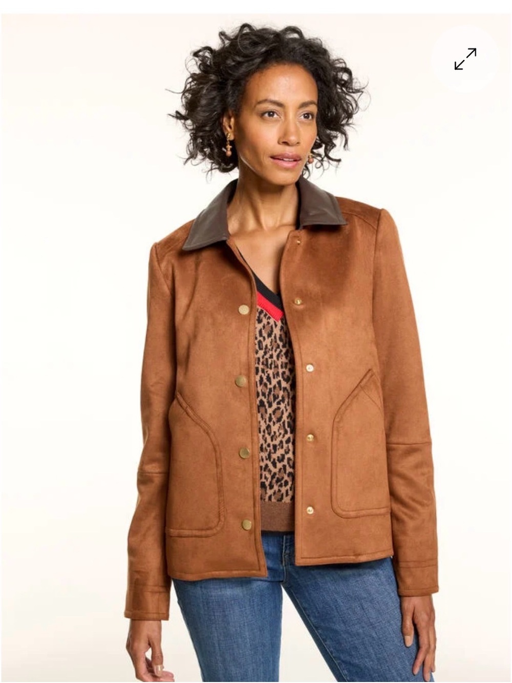 Talbots Tortoiseshell Faux Suede Barn Jacket with Brown Faux Leather Collar, XS
